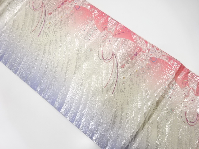 孔雀羽根に小花模様織り出し　袋帯